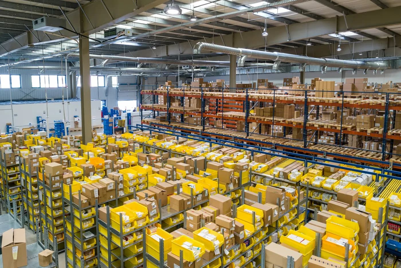 Warehouse aisle with racked pallets
